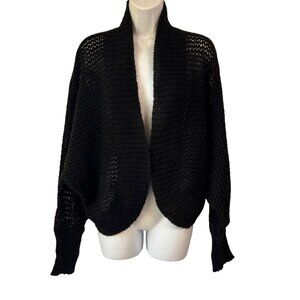 Womens L Shrug Open Knit Cardigan Sweater Black Acrylic Mohair Dolman Bolero